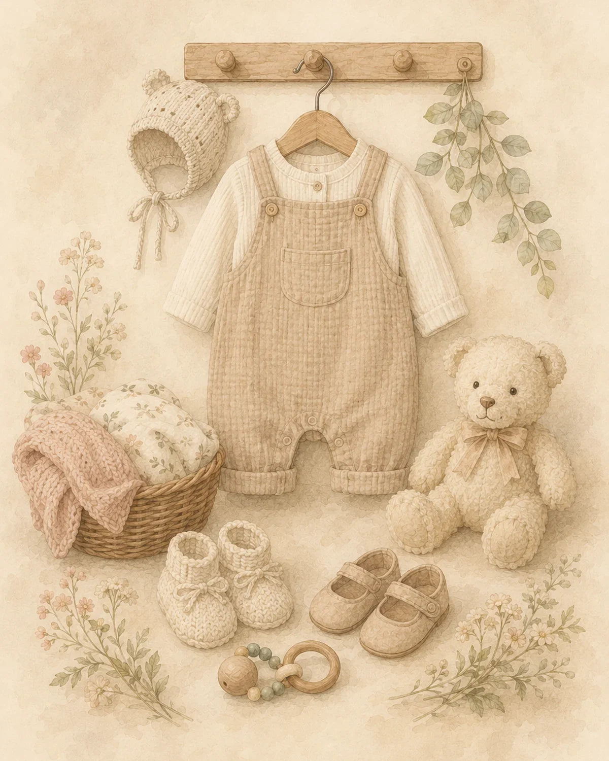 Baby clothing: watercolour of beige quilted overalls with a cream ribbed bodysuit, a knitted bonnet, booties and a teddy bear