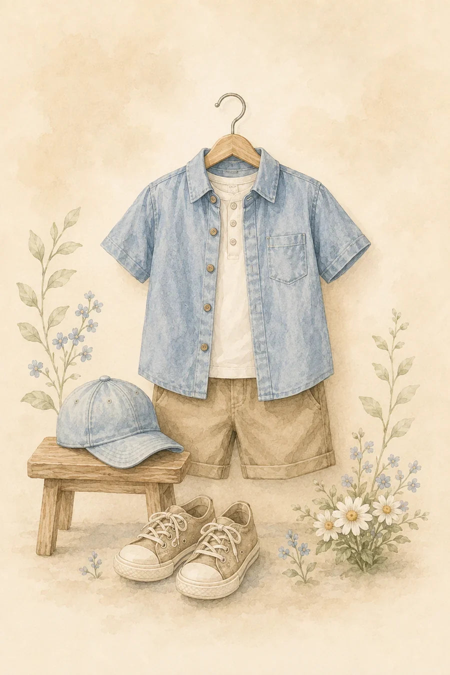 Boys' clothing — watercolour of a chambray shirt, chino shorts and sneakers