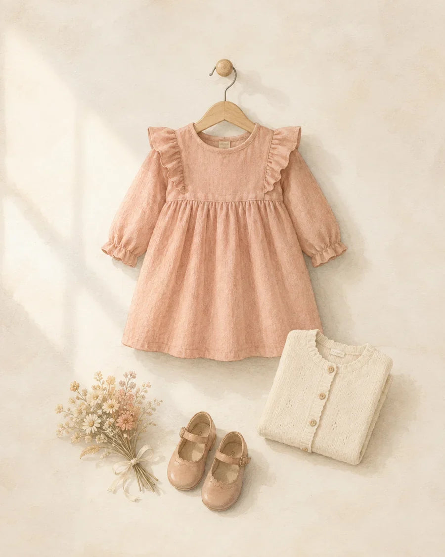 Girls' clothing — watercolour of a rust corduroy dress, cream cardigan and Mary Janes