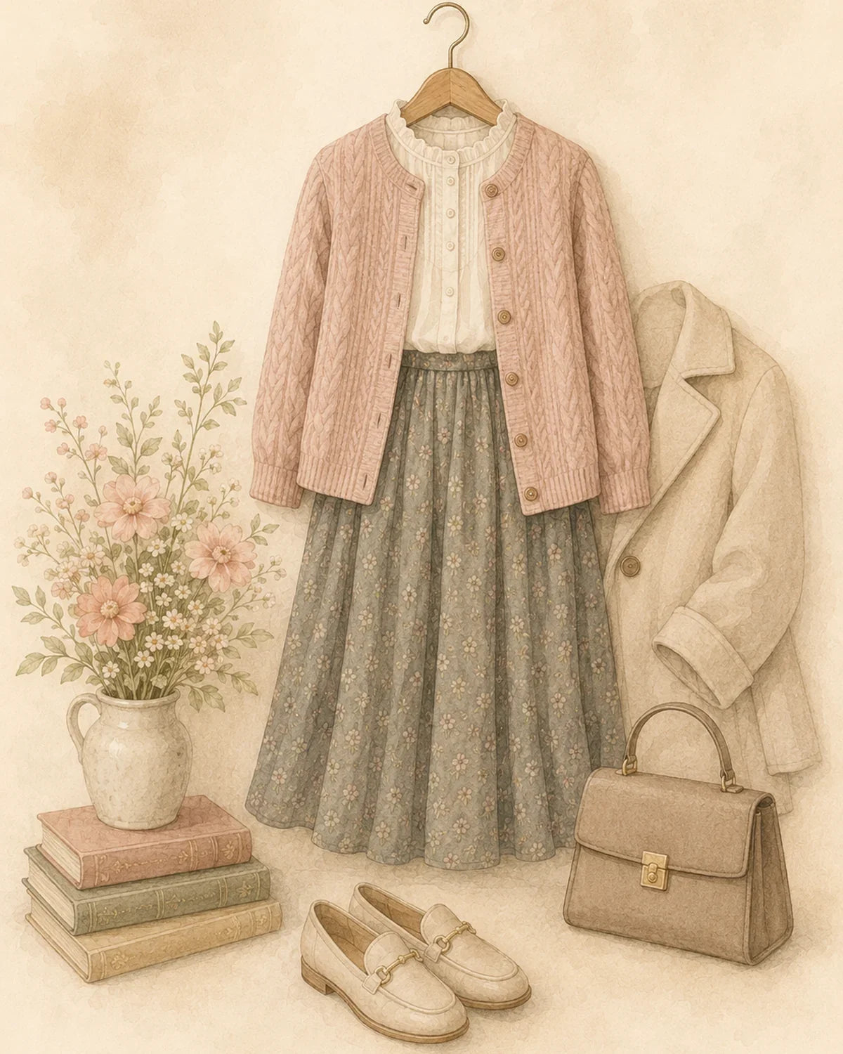 Teens' clothing: watercolour of a floral midi skirt with a pink cable-knit cardigan, a blouse, a wool coat, loafers and a handbag
