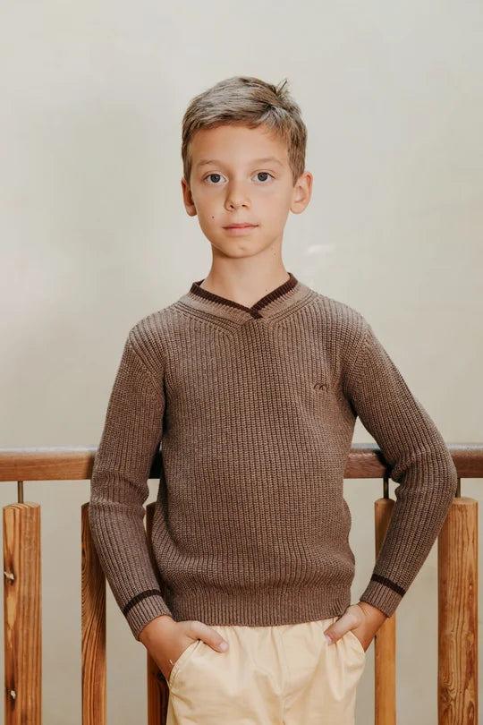Numu Boys Stripe V Neck Sweater - Mocha (4Y-12Y)
