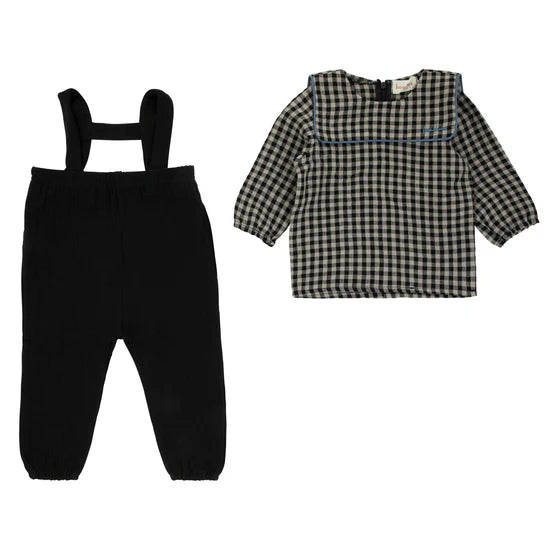 Bondoux piping gingham shirt W/black overalls (SZ 12m - 2 )