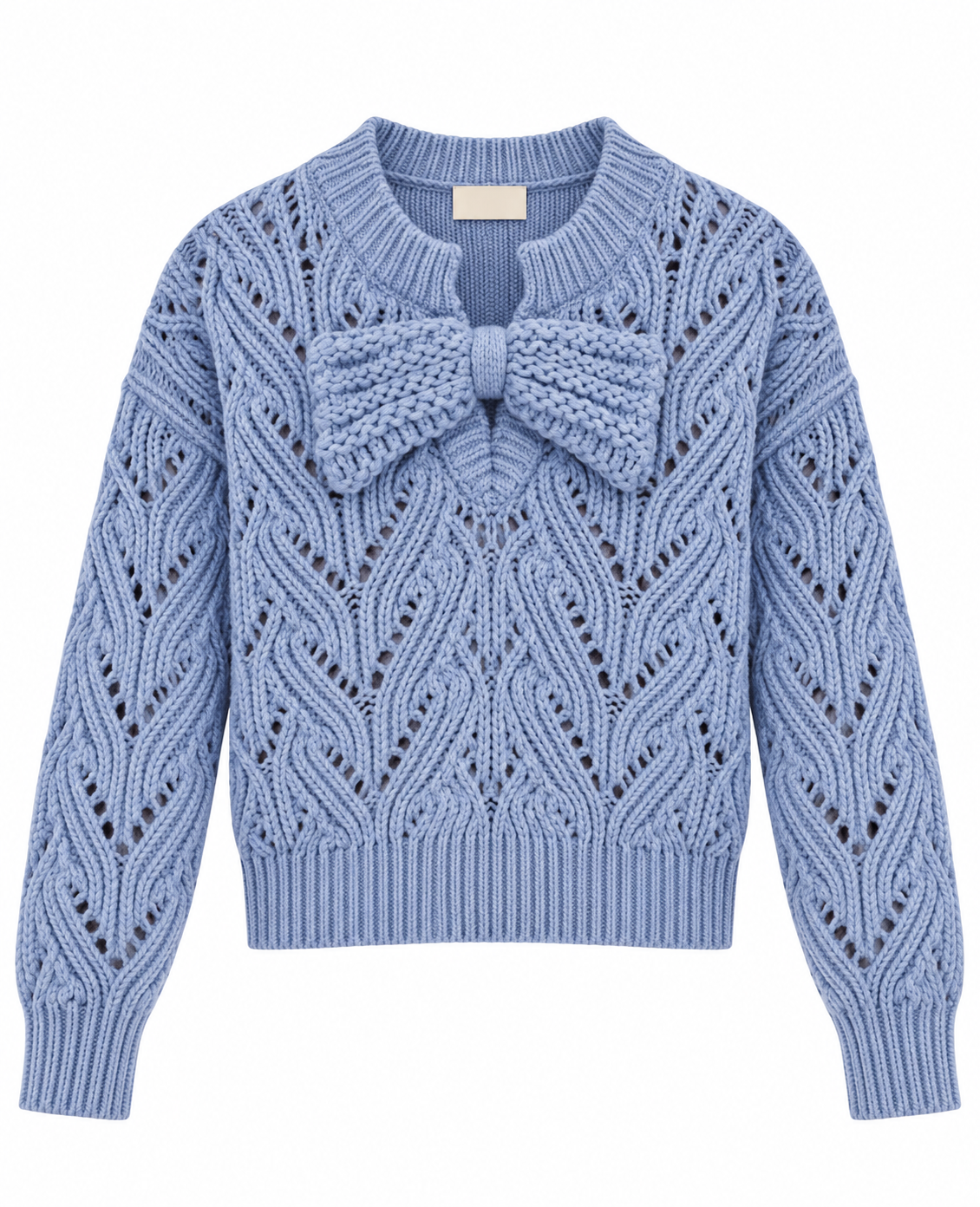 Chevron Knit Long Sleeve Pullover Sweater With Bow - Cream (S-L)