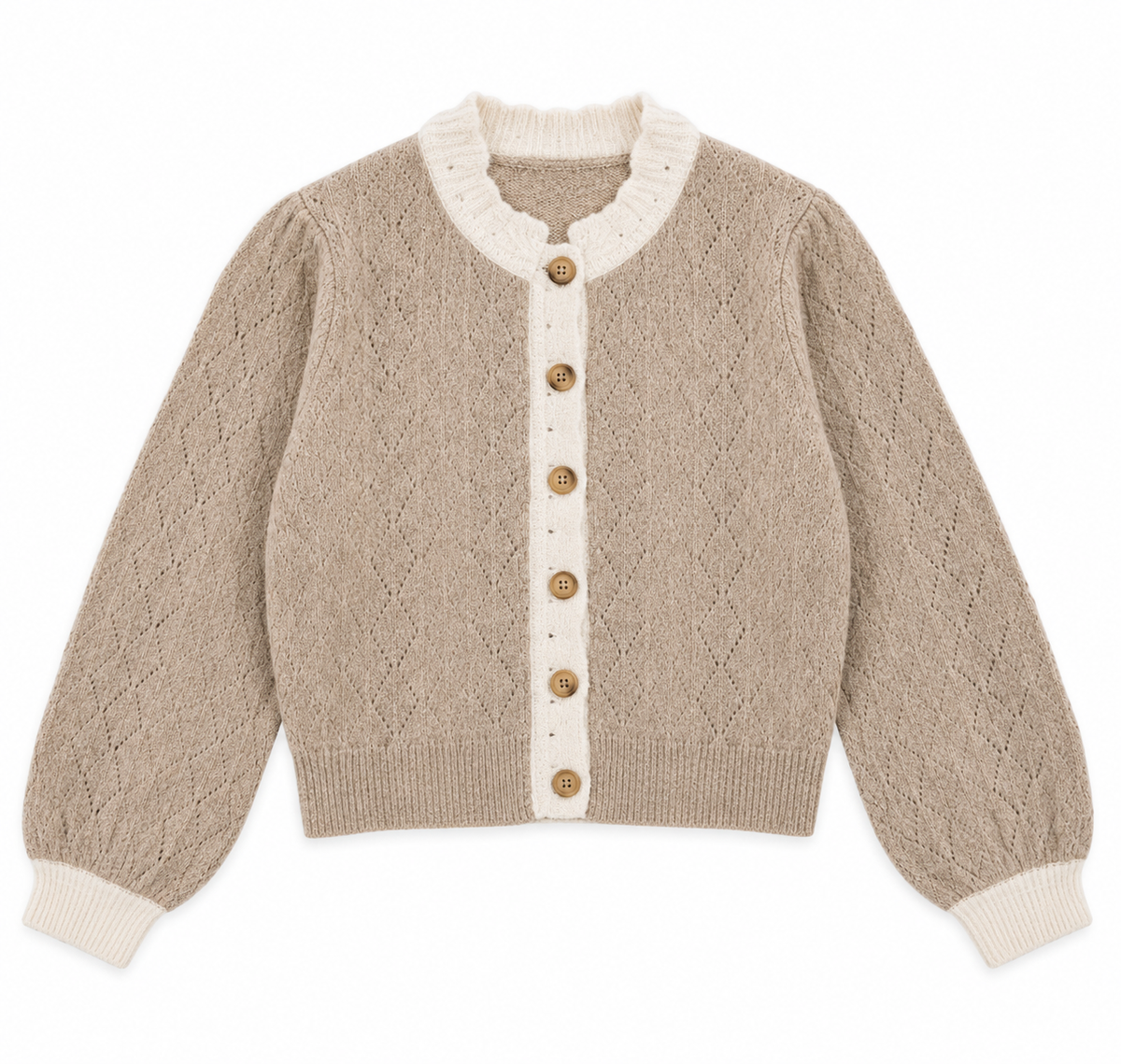 Contrast Scallop Trim Sweater Cardigan - Latte (Sizes S-L)