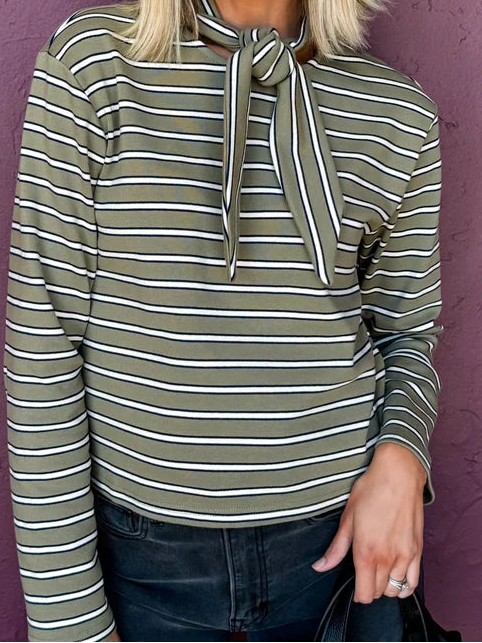 Sunday edition round neck long slv striped top scarf collar ( S - L )