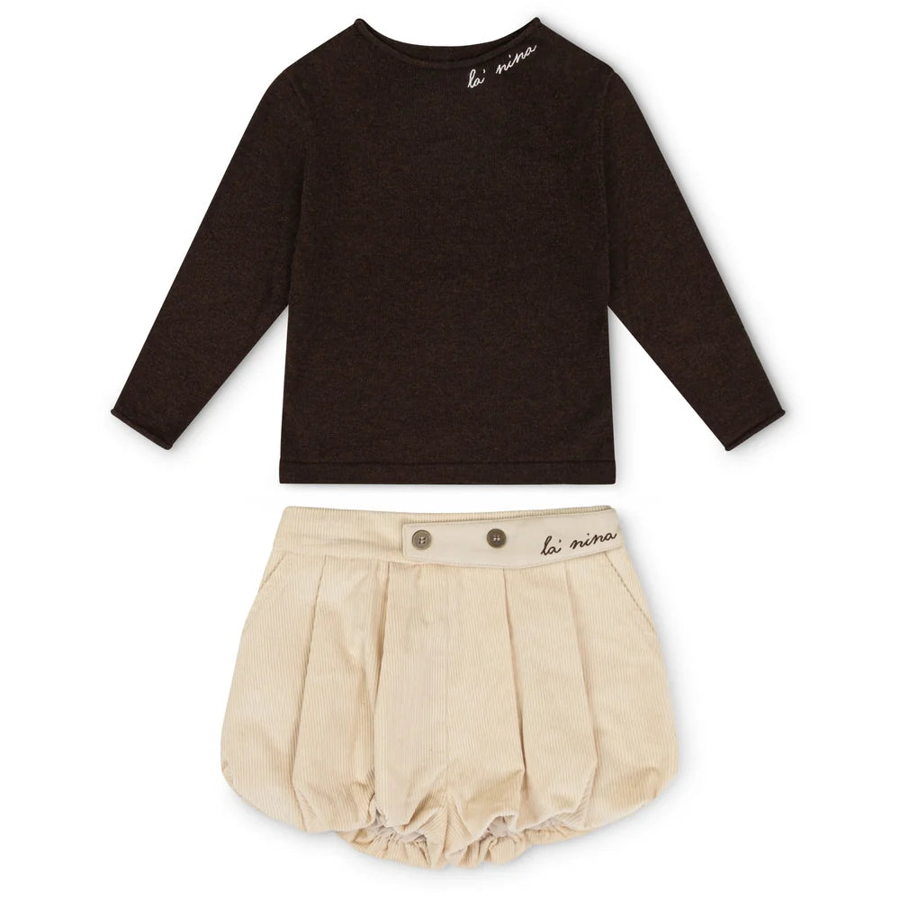 Bonjour cream leather trim bloomer &amp; logo sweater ( 12m - 3y )